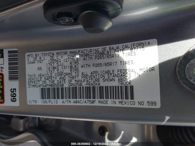 2015 TOYOTA TACOMA BASE V6 VIN: 3TMMU4FN4FM085690