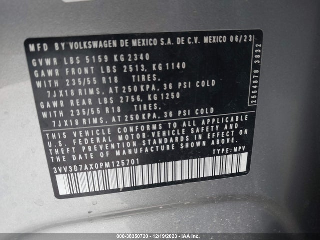 3VV3B7AX0PM125701 Volkswagen Tiguan 2.0t Se