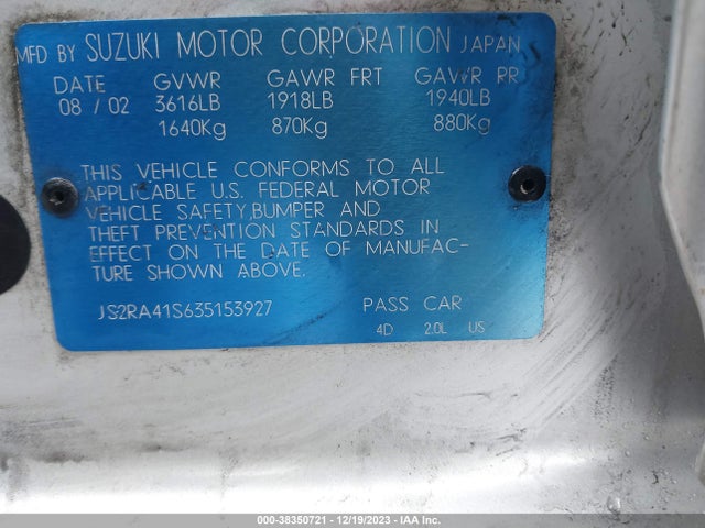 2003 SUZUKI AERIO GS/S VIN: JS2RA41S635153927