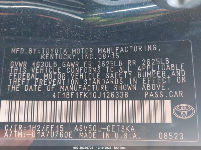 2016 TOYOTA CAMRY SE VIN: 4T1BF1FK1GU126338
