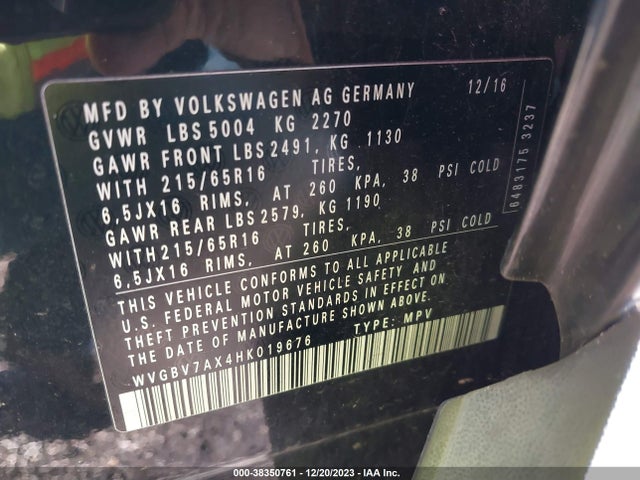 WVGBV7AX4HK019676 Volkswagen Tiguan 2.0t/2.0t S