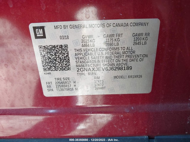 Chevrolet EQUINOX LT 2018 2GNAXJEV6J6298189 Image 9