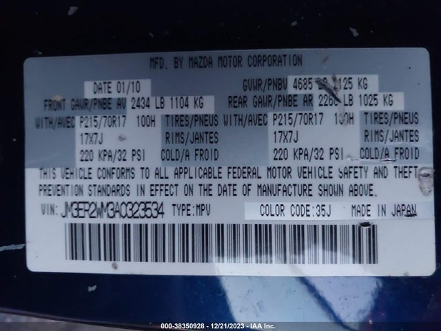 2010 MAZDA CX-7 I SPORT VIN: JM3ER2WM3A0323534