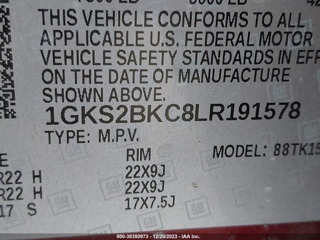 GMC Yukon 4wd Slt 2020 1GKS2BKC8LR191578 Image 9