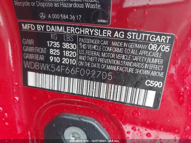 2006 MERCEDES-BENZ SLK 280 VIN: WDBWK54F66F092705