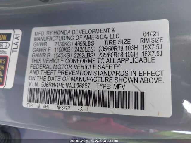 2021 HONDA CR-V 2WD EX VIN: 5J6RW1H51ML006867