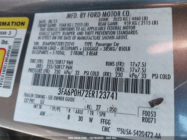 Ford FUSION SE 2014 3FA6P0H72ER123741 Image 9