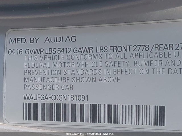 WAUFGAFC0GN181091 Audi A6 3.0t Premium Plus