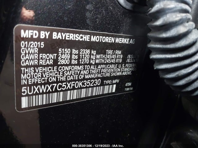 BMW X3 Xdrive35i 2015 5UXWX7C5XF0K35230 Image 9