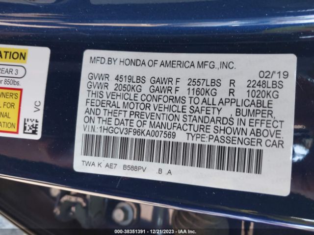 1HGCV3F96KA007569 Honda Accord Hybrid Touring