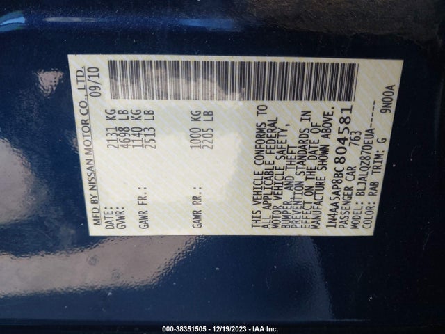 2011 NISSAN MAXIMA 3.5 S VIN: 1N4AA5AP8BC804581