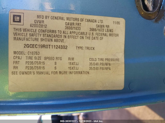 1996 CHEVROLET GMT-400 C1500 VIN: 2GCEC19ROT1124332