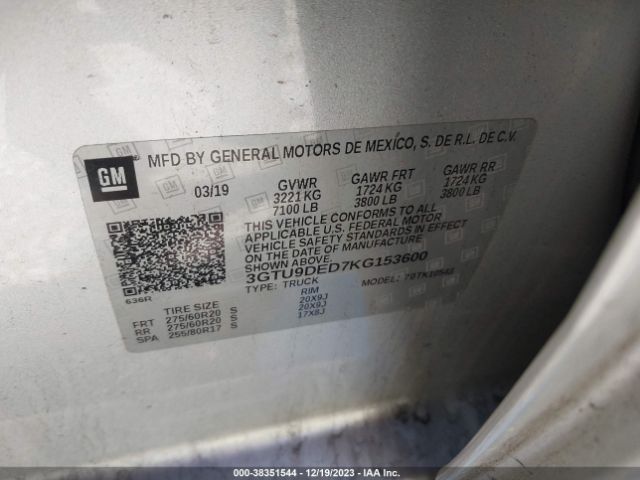 3GTU9DED7KG153600 GMC Sierra 1500 Slt