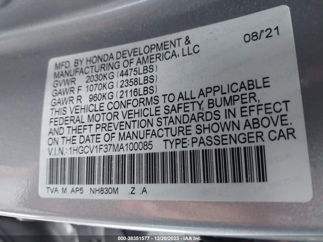 2021 HONDA ACCORD SPORT VIN: 1HGCV1F37MA100085