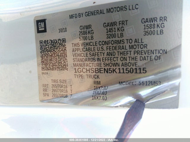Chevrolet Colorado Wt 2019 1GCHSBEN5K1150115 Image 9