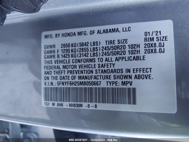 Honda Pilot Awd Special Edition 2021 5FNYF6H25MB050667 Image 9