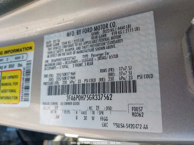 3FA6P0H75GR337562 Ford FUSION SE
