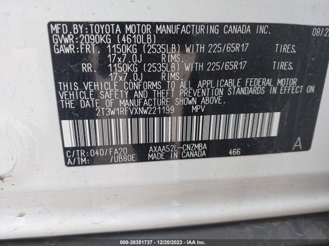 2022 TOYOTA RAV4 XLE VIN: 2T3W1RFVXNW221199