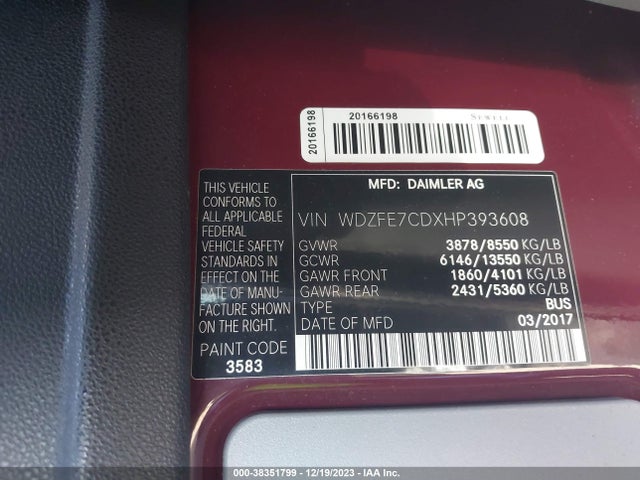 WDZFE7CDXHP393608 Mercedes-Benz Sprinter 2500 Standard Roof V6
