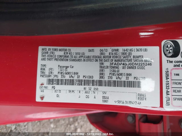 2013 FORD FIESTA SE VIN: 3FADP4BJ0DM225246