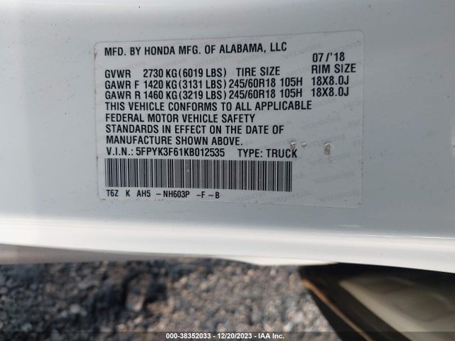 Honda Ridgeline Rtl-t 2019 5FPYK3F61KB012535 Image 9