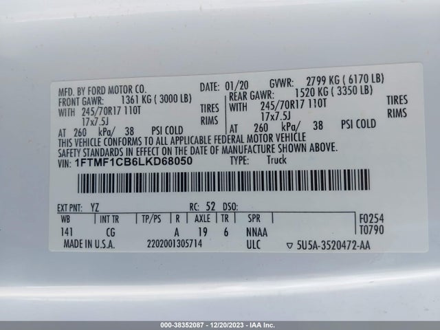 2020 FORD F-150 XL VIN: 1FTMF1CB6LKD68050