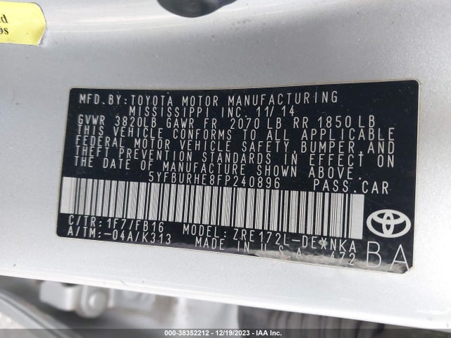 Toyota COROLLA LE 2015 5YFBURHE8FP240896 Image 9