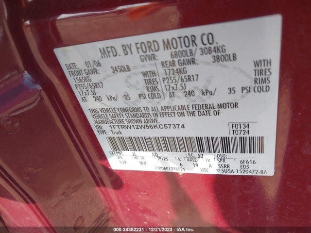 2006 FORD F-150 XLT VIN: 1FTRW12W56KC57374