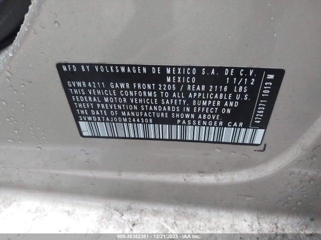 2013 VOLKSWAGEN JETTA 2.5L SE VIN: 3VWDX7AJ0DM244308