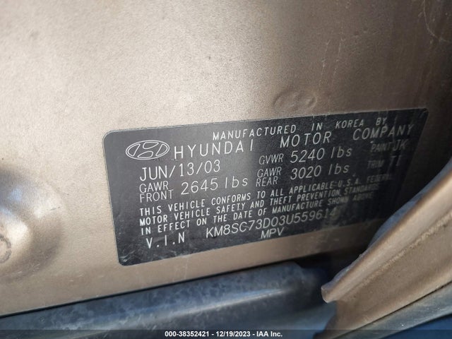 2003 HYUNDAI SANTA FE GLS/LX VIN: KM8SC73D03U559614