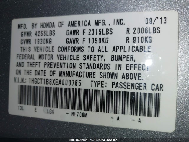 Honda Accord Ex-l 2014 1HGCT1B8XEA000765 Image 9