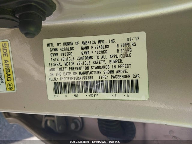 2013 HONDA ACCORD LX VIN: 1HGCR2F36DA155380