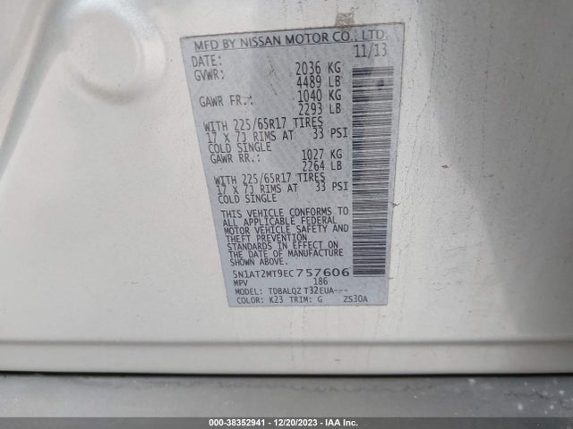 2014 NISSAN ROGUE SV VIN: 5N1AT2MT9EC757606