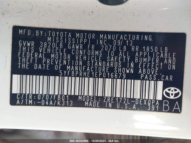 Toyota Corolla Le Eco 2014 5YFBPRHE1EP016679 Image 9