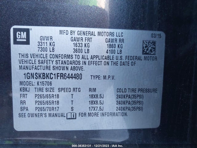 Chevrolet Tahoe Lt 2015 1GNSKBKC1FR644480 Image 9