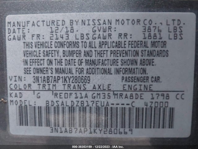 Nissan SENTRA SV 2019 3N1AB7AP1KY280669 Image 9