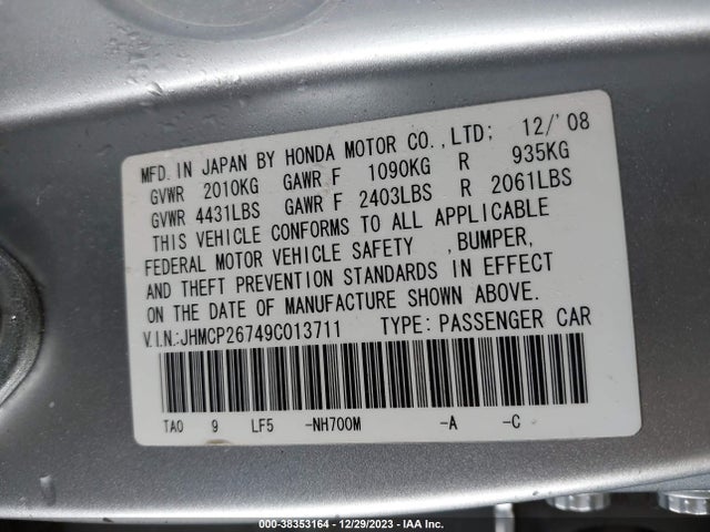 2009 HONDA ACCORD 2.4 EX VIN: JHMCP26749C013711