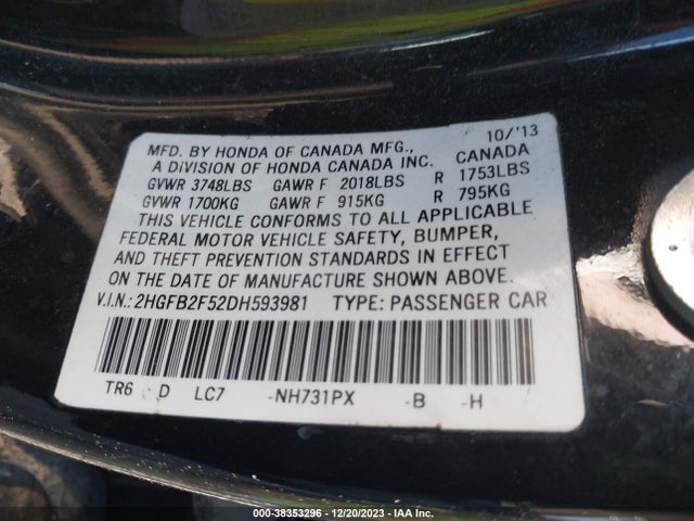 2013 HONDA CIVIC LX VIN: 2HGFB2F52DH593981