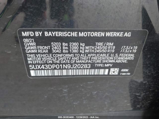 5UX43DP01N9J20283 BMW X3 Sdrive30i