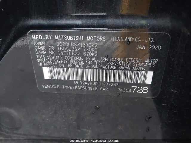 2020 MITSUBISHI MIRAGE SE VIN: ML32A3HJ0LH007253