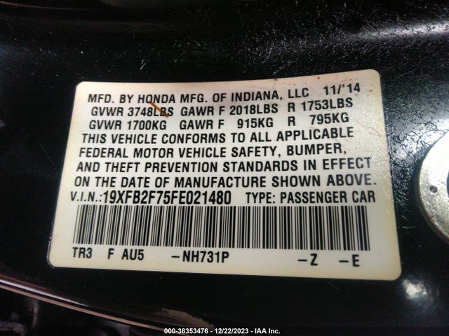 Honda CIVIC SE 2015 19XFB2F75FE021480 Image 9