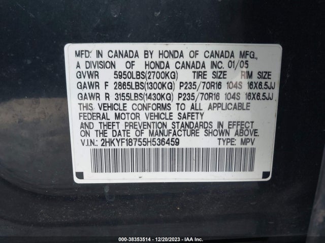 2005 HONDA PILOT EX-L VIN: 2HKYF18755H536459