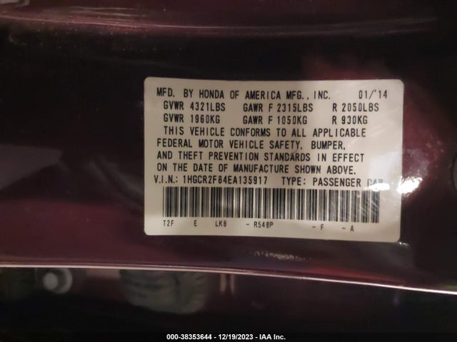 Honda Accord Ex-l 2014 1HGCR2F84EA135917 Image 9