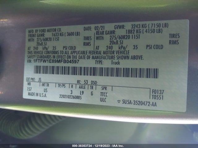 Ford F-150 Xlt 2021 1FTFW1E89MFB04597 Image 9