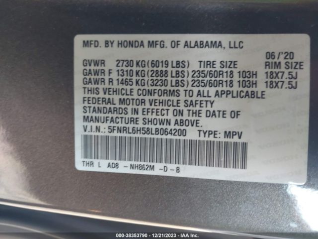 5FNRL6H58LB064200 Honda ODYSSEY EX