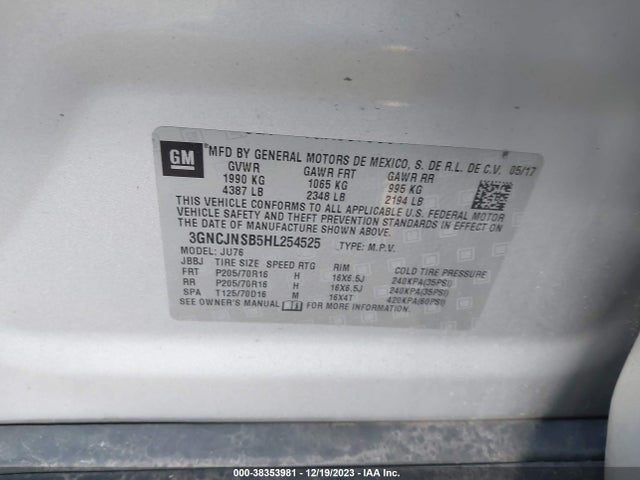 Chevrolet TRAX LS 2017 3GNCJNSB5HL254525 Image 9