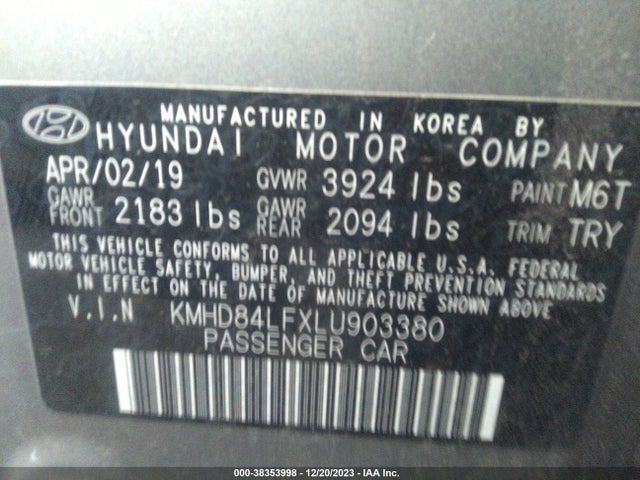 2020 HYUNDAI ELANTRA SEL VIN: KMHD84LFXLU903380
