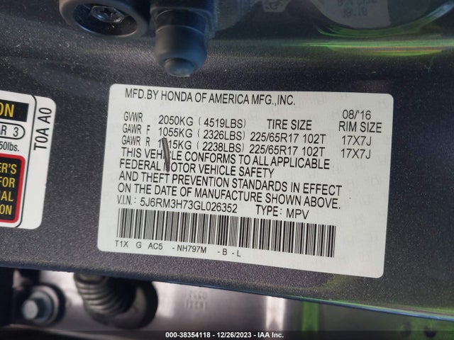 2016 HONDA CR-V EX-L VIN: 5J6RM3H73GL026352