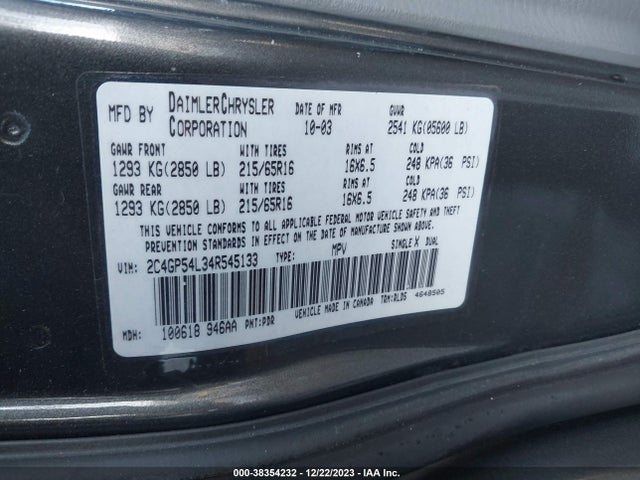 2004 CHRYSLER TOWN & COUNTRY TOURING VIN: 2C4GP54L34R545133