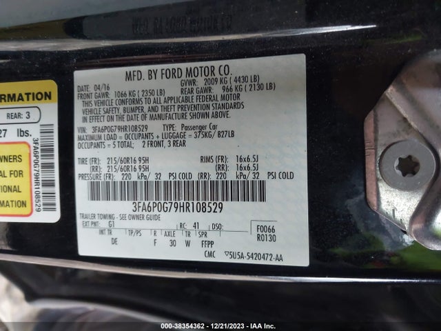 2017 FORD FUSION S VIN: 3FA6P0G79HR108529